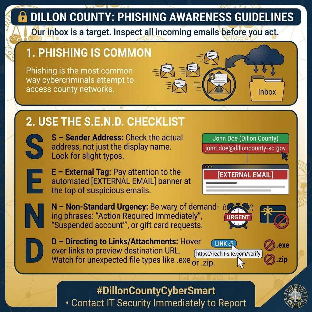 Dillon County S.E.N.D Phishing Checklist Infographic